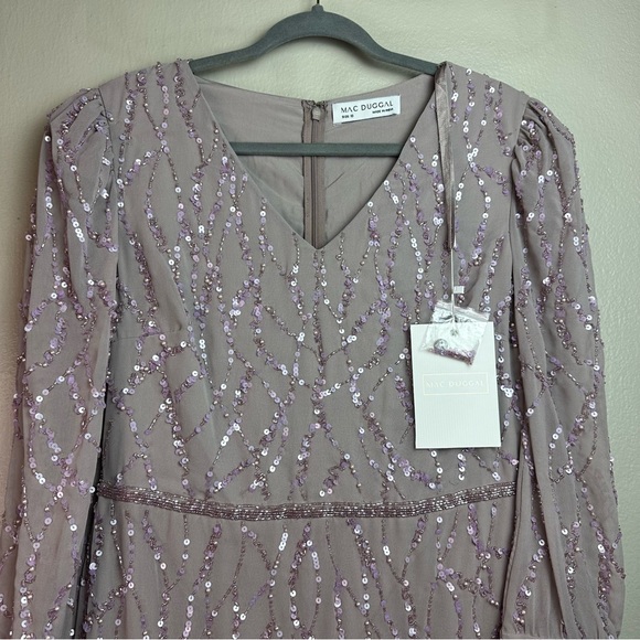 Mac Duggal sequin V-neck, long bishop sleeve trumpet dress Sz 10 - Picture 4 of 14